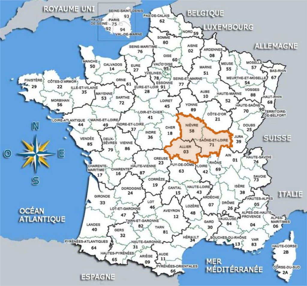 Carte de France avec l'Allier, la Nièvre et la Saône et Loire